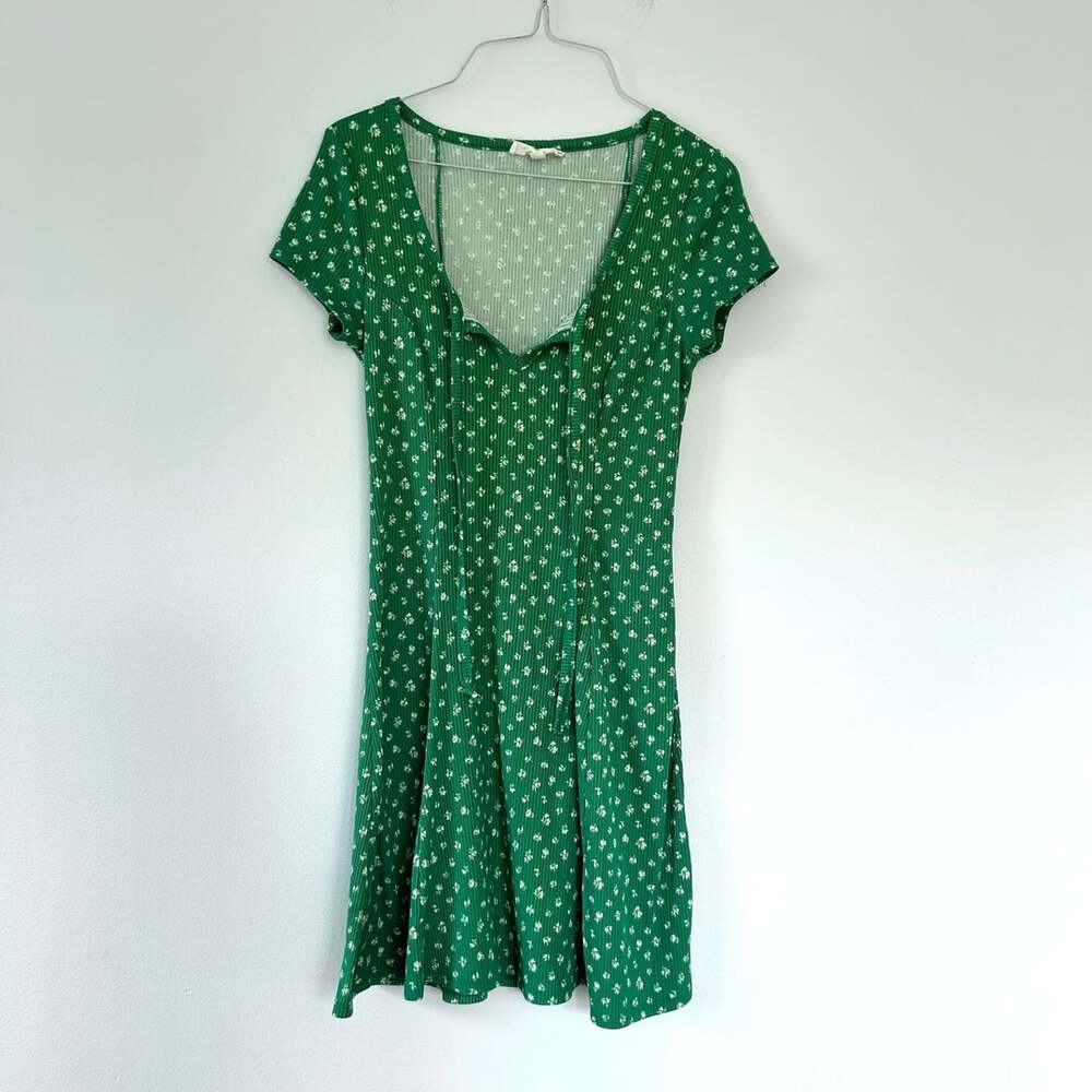 No Comment Green Floral Ribbed Mini Dress – Size M